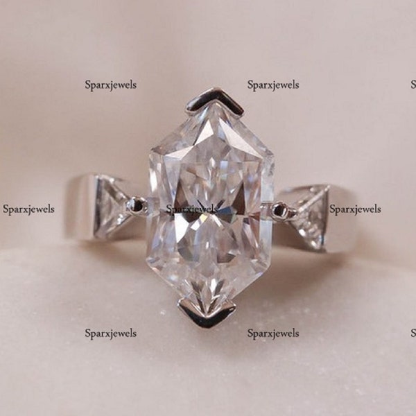 Dutch Marquise Moissanite Ring Three Stone Moissanite Engagement Ring 2.50 Ctw Hexagon Shape Moissanite Ring 14k Yellow Gold Wedding Ring