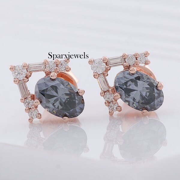 1.50 Ctw Oval Moissanite Stud Earring Gray Moissanite Earring Cluster Grey Moissanite Earring Oval Cut Stud Bridal Earring Diamond Earring