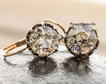 3.20 Ctw Antique Bezel Set Moissanite Earring Old European Cut Dangle Eraring Round Cut Moissanite Leverback Earring Bridal Diamond Earring