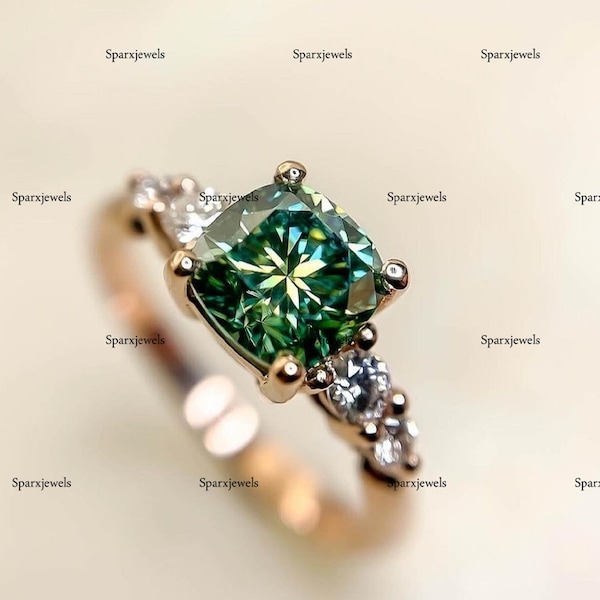 2.20 Ctw Cushion Cut Green Moissanite Ring Cluster Wedding Diamond Ring Cushion Moissanite Engagement Ring Five Stone Yellow Gold Woman Ring