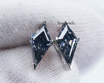 Kite Shape Moissanite Stud Earring Gray Moissanite Earring Grey Moissanite Earring 2.00 Ctw Kite Cut Stud Earring Fancy Diamond Earring VVS1