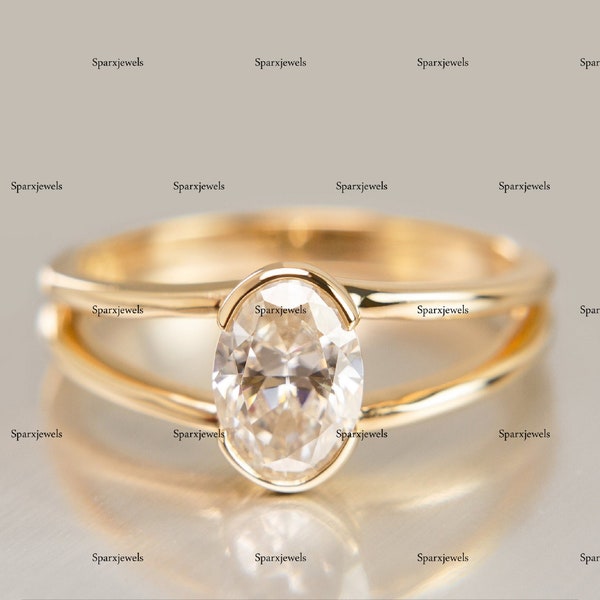 Oval Moissanite Ring Half Bezel Set Moissanite Ring 1.50 Ct Solitaire Moissanite Engagement Ring 14k Yellow Gold Diamond Ring Wedding Ring