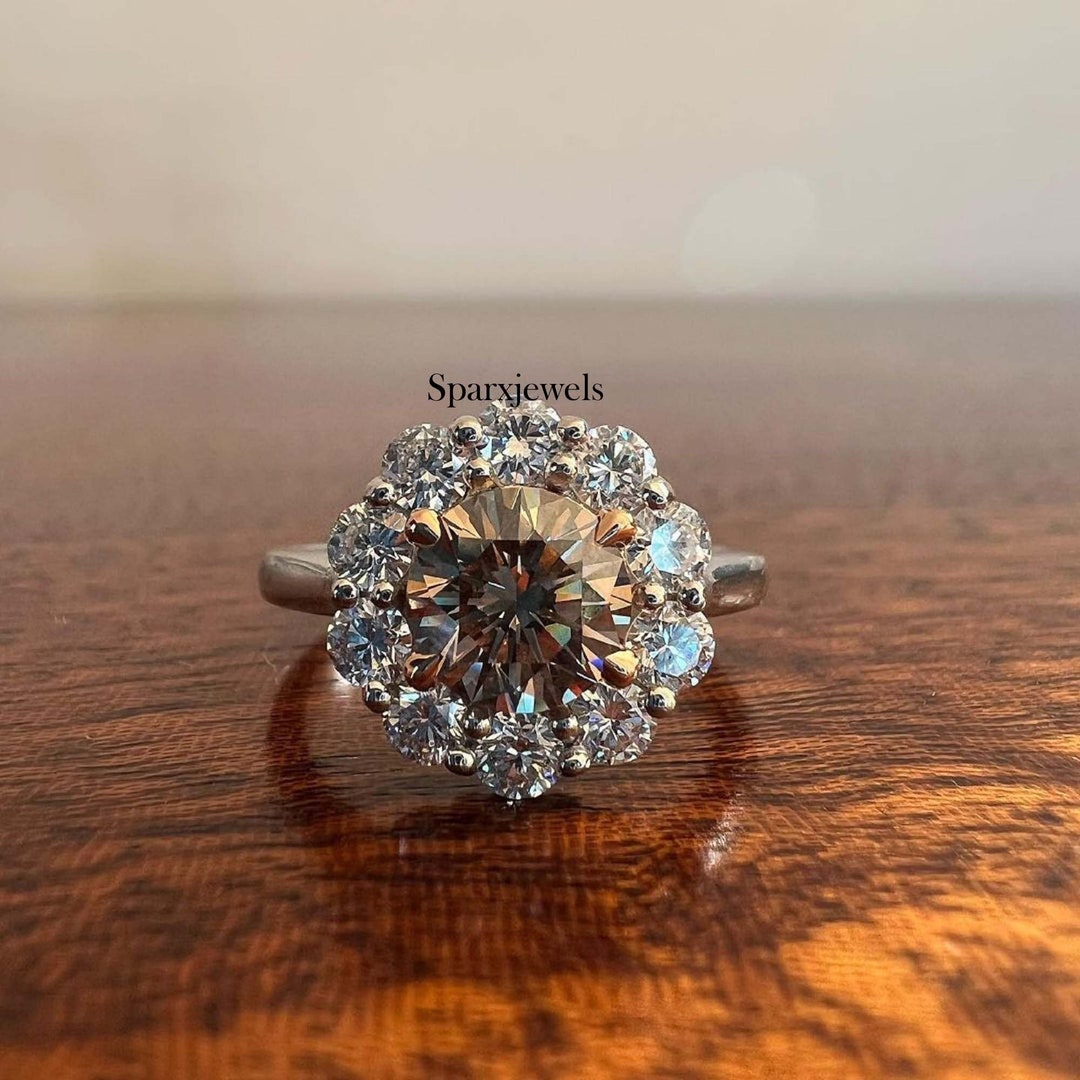 Round Cut Champagne Moissanite Ring Halo Wedding Ring 2.10 Ctw Round