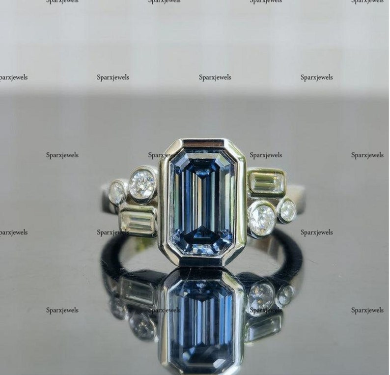 Cluster Diamond Unique Blue Moissanite Ring Bezel Set Moissanite ...