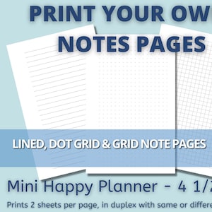 Printable Planner Notes Pages Refill for Lined, Graph/Grid and Dot Grid Pages Sized for the Mini Classic Happy Planner