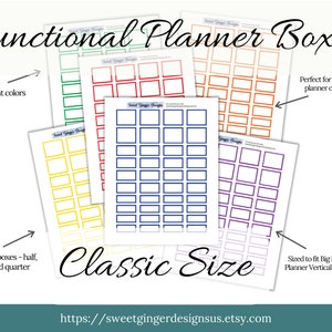 May include: Six printable planner box templates in different colours: green, red, orange, yellow, blue, and purple. The boxes are sized to fit Big Happy Planner vertical layouts. The text "Functional Planner Boxes" and "Classic Size" is included in the image.