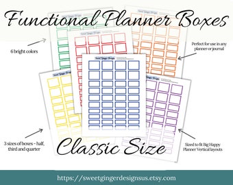 Classic Happy Planner Stickers: Functional Box Variety, Bright Colors (PNG/PDF)