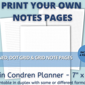 Printable Planner Notes Page Refill with Lined, Graph/Grid and Dot Grid papers for Erin Condren 7&quot; x 9&quot; Planners and Journals