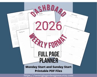 2026 Full Page Weekly Planner, Dashboard Layout (Digital Download)