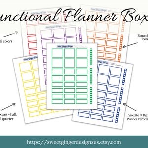 Puede incluir: Seis plantillas de caja de planificador imprimibles en diferentes colores neutros, incluidos rojo, naranja, amarillo, verde, morado y azul. Las cajas están diseñadas para adaptarse a los diseños verticales del planificador Big Happy y vienen en tres tamaños: mitad, tercio y cuarto. Cada caja tiene un borde de lista de verificación adicional.