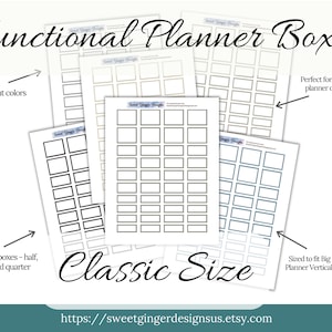 May include: Printable planner box templates in six bright colors. The templates are sized to fit Big Happy Planner vertical layouts and come in three sizes: half, third, and quarter. The text "Functional Planner Boxes" and "Classic Size" is visible in the image.