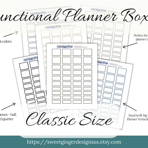 Classic Happy Planner Sized Functional Boxes, Neutral Colors for a Professional Look, Digital Download, PNG/PDF/Bonus Silhouette