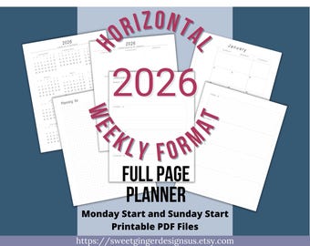 2026 Full Page Weekly Planner, Horizontal Layout (Digital Download)
