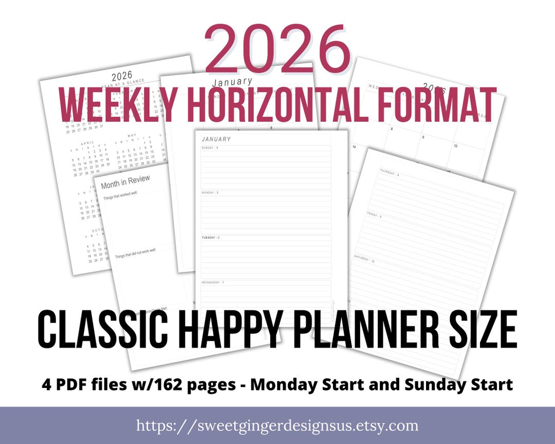 2026 Weekly Horizontal Planner: Classic Size, Monday/sunday Start (PDF ...