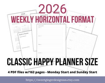 2026 Weekly Horizontal Planner: Classic Size, Monday/Sunday Start (PDF Download)