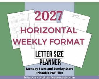2027 Horizontal Weekly Planner Printable | Letter Size | 2-Page Weekly Spread | Print at Home PDF