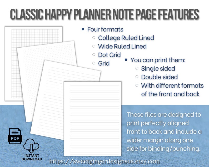 Planner Grid Line Printable Planner Refill for Lined, Graph/grid and Dot Grid Note Pages ...