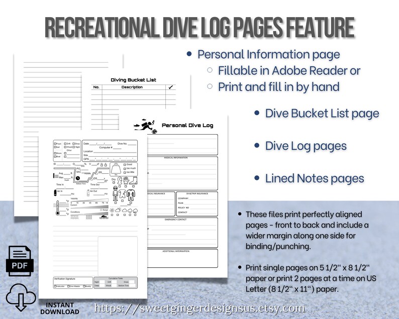 Recreational Scuba Dive Log Book Printable Pages for Half Letter Size