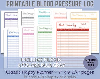 Printable Blood Pressure Tracking Log for Classic Happy Planner and other 7" x 9 1/4" Binders and Journals