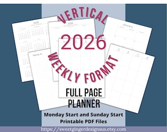 2026 Full Page Weekly Planner, Vertical Layout (Digital Download)