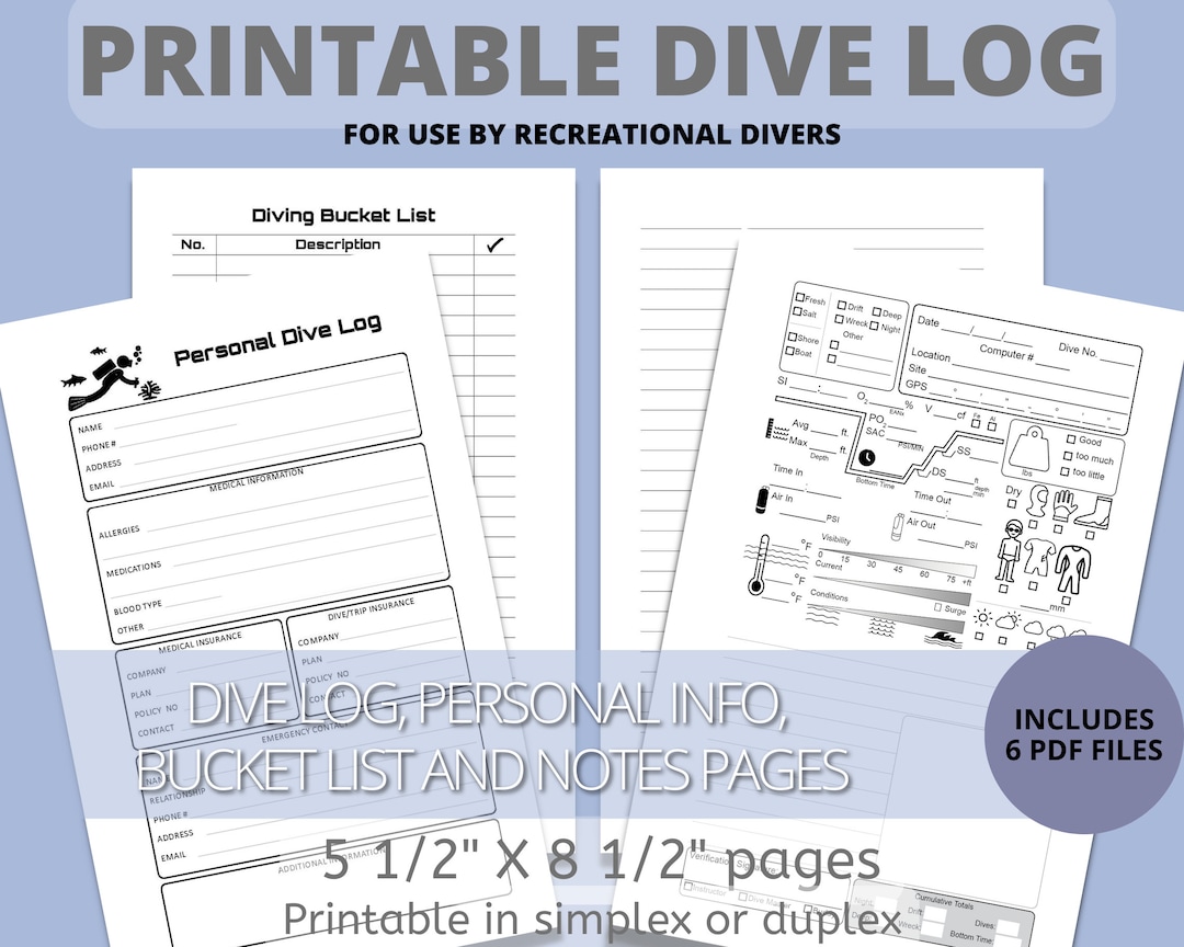 Recreational Scuba Dive Log Book Printable Pages for Half Letter Size