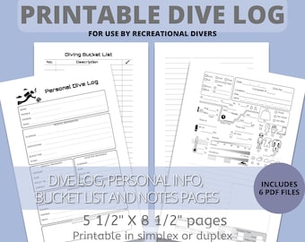 Scuba Dive Log Book Printable: Half Letter Size, Bucket List (Fillable PDF)