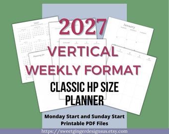 2027 Vertical Weekly Planner Printable | Classic HP Size | 2-Page Weekly Spread | Digital Download
