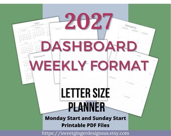 2027 Dashboard Weekly Planner Printable | Letter Size | 2-Page Weekly Spread | Print at Home PDF