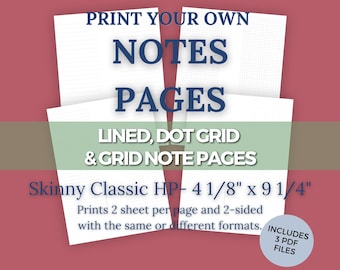 Skinny Classic Size Printable Planner Notes Pages Refill for Lined, Graph/Grid and Dot Grid Pages