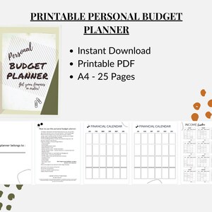 Printable Personal Budget Planner| Finance Planner| Expense and Income Tracker| Monthly Budget Review| Financial Journal | Bill Tracker