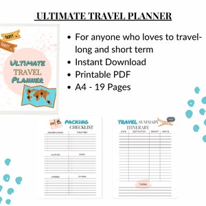 Planificador de viajes para imprimir/Presupuesto del planificador de viajes/Itinerario de viaje/Planificador de vacaciones/Organizador de viajes/Lista de equipaje/Rastreador de gastos de viaje