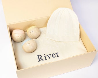 Luxurious Personalised Baby Cashmere Blanket with Sensory Wooden Tumbling Balls