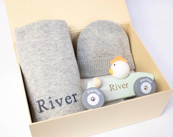 Luxurious Personalised Cashmere Baby Blanket with a Natural Wooden Chicken Race Car