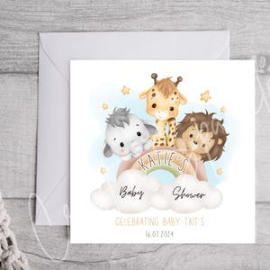 Cartão do chá de fraldas |  Cartão personalizado do chá de fraldas | Tema Safári | Cartão de animais fofos