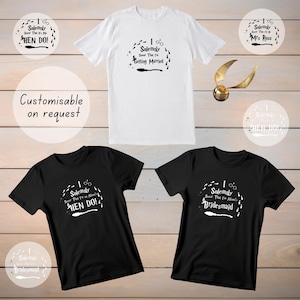 May include: Three black and white t-shirts with a Harry Potter themed design. The shirts feature the text "I Solemnly Swear That I'm Up To No Good" with a broom and footprints. The shirts are customizable on request.