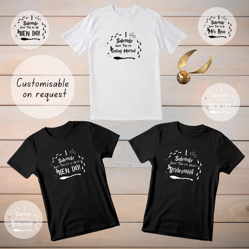 May include: Three black and white t-shirts with a Harry Potter themed design. The shirts feature the text "I Solemnly Swear That I'm Up To No Good" with a broom and footprints. The shirts are customizable on request.