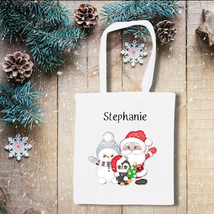 Personalised Christmas Tote Bag | Santa, Snowman & Penguin Design | Holiday Gift Bag | Festive Reusable Shopper | Cute Christmas-Themed Tote