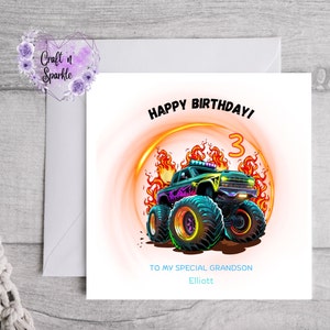 Carte de joyeux anniversaire, carte pour lui, carte pour elle, carte personnalisée, Monster Truck, voiture, camion, carte d'âge, famille