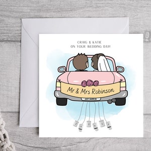 Hochzeitskarte, neuer Mr & Mrs, neues Paar, Hochzeitstag, Hochzeitsauto mit Dosen