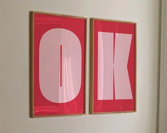 OK Typography Set of 2 Art Print, Pink Red Trendy Retro Wall Art, Mid Century Modern Decor Color Block Funky Prints Digital Download