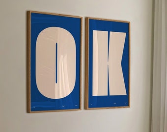 OK Typography Set of 2 Art Print, Blue Trendy Retro Wall Art, Mid Century Modern Decor Color Block Wall Art Funky Prints Digital Download