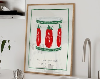 Yes Chef Print Let it Rip Tinned Tomato Print The Bear Wall Art Aesthetic Kitchen Posters Trendy Modern Food Illustrations Physical Print