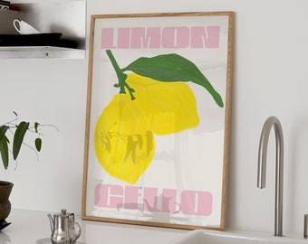 Limoncello Bar Cart Giclée Print, Kitchen Bar Cart Art Wall Decor Hand Drawn Cocktail Print Lemon Poster Trendy Retro Home Decor Pink Yellow