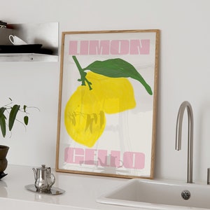 Limoncello barwagen Giclée print, keuken barwagen kunst muur decor handgetekende cocktail print citroen poster trendy retro interieur roze geel
