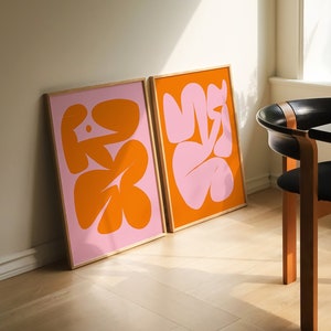 Pink and Orange Abstract Set of 2 Prints, Trendy Retro Wall Art, Mid Century Modern Decor Color Block Wall Art Funky Prints Digital Download