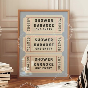 Shower Karaoke Ticket Print Blue Bathroom Retro Cream Aesthetic Shower Singing Funny Wall Art Vintage Trendy Home Decor Physical Print