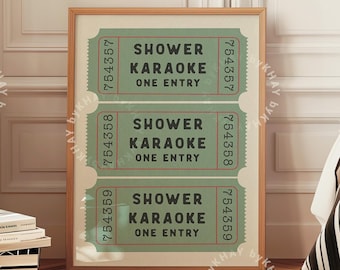 Shower Karaoke Ticket Print Bathroom Retro Sage Green Cream Aesthetic Shower Singing Funny Wall Art Vintage Trendy Decor Digital Download