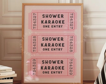 Shower Karaoke Ticket Print Pink Bathroom Retro Cream Aesthetic Shower Singing Funny Wall Art Vintage Trendy Home Decor Physical Print