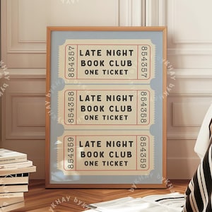 Stampa biglietto club del libro a tarda notte camera da letto blu estetica retrò amante dei libri arte murale vintage preppy arredamento per la casa alla moda download digitale