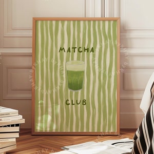Impresión del Club Matcha, Arte mural a rayas para decoración de cocina, Póster de bebida con ilustración de comida de moda, Impresión física estética moderna de té matcha helado.